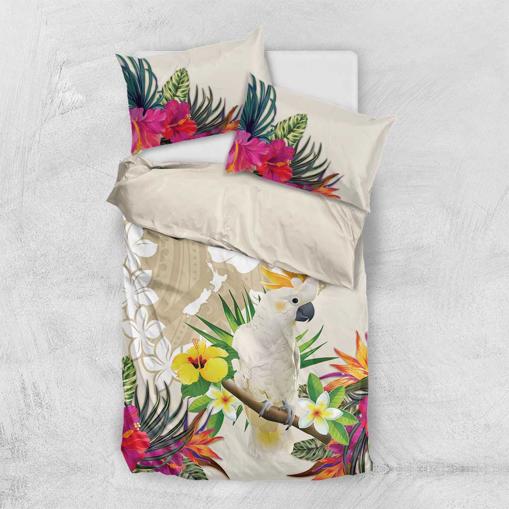 New Zealand Cacatua Galerita Bedding Set Aotearoa Cockatoo Tropical Flowers LT14 US Twin 172cm x 218cm Beige - Polynesian Pride