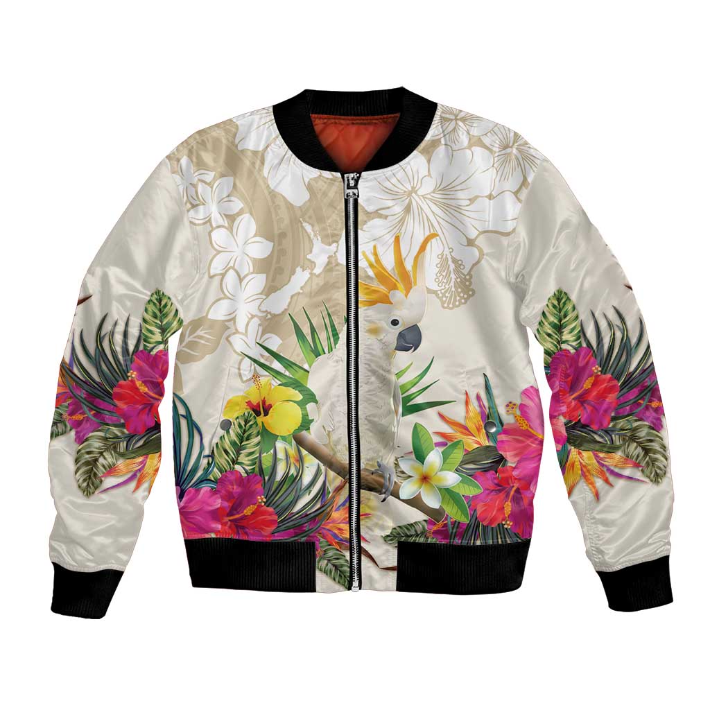 New Zealand Cacatua Galerita Bomber Jacket Aotearoa Cockatoo Tropical Flowers LT14 Unisex Beige - Polynesian Pride