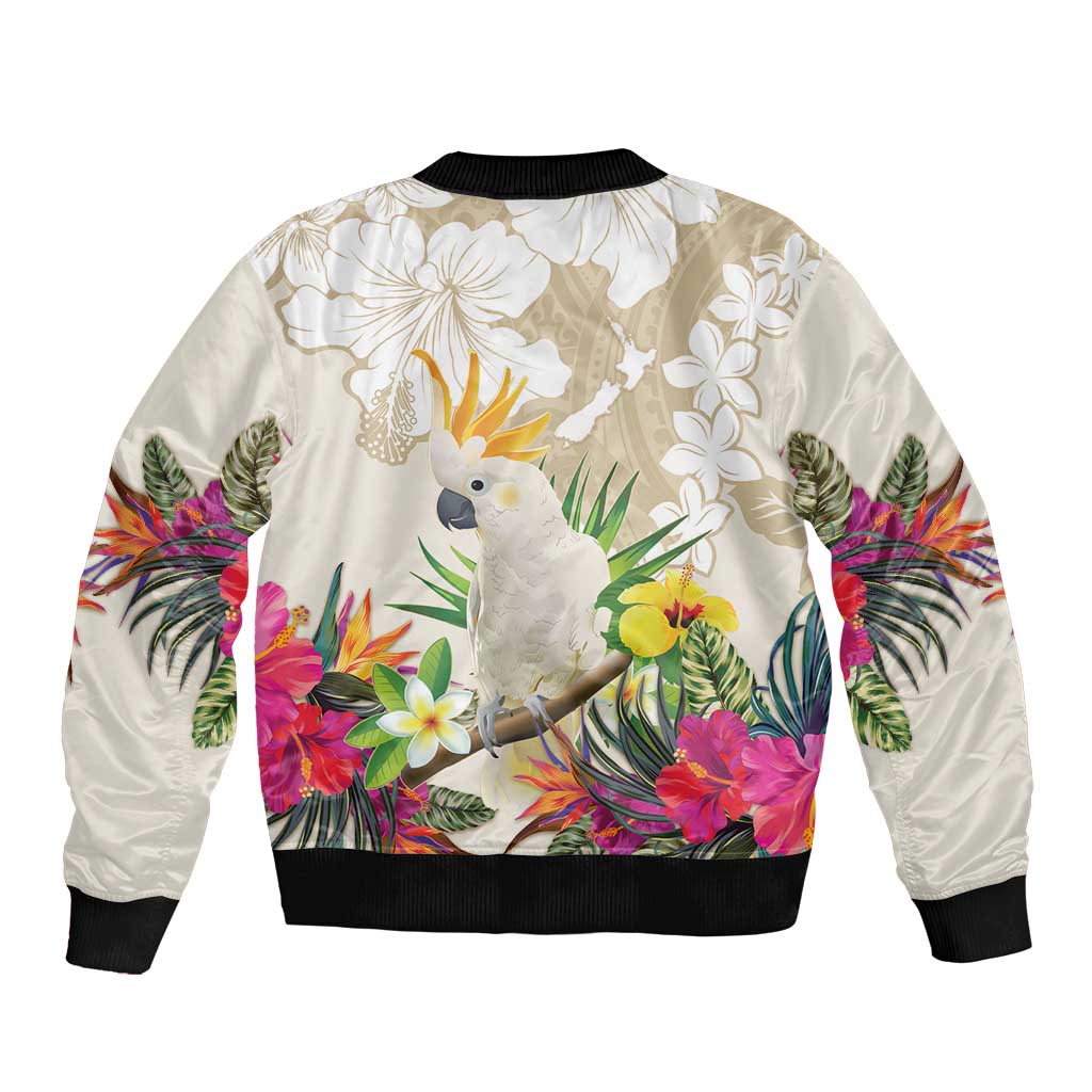New Zealand Cacatua Galerita Bomber Jacket Aotearoa Cockatoo Tropical Flowers LT14 - Polynesian Pride