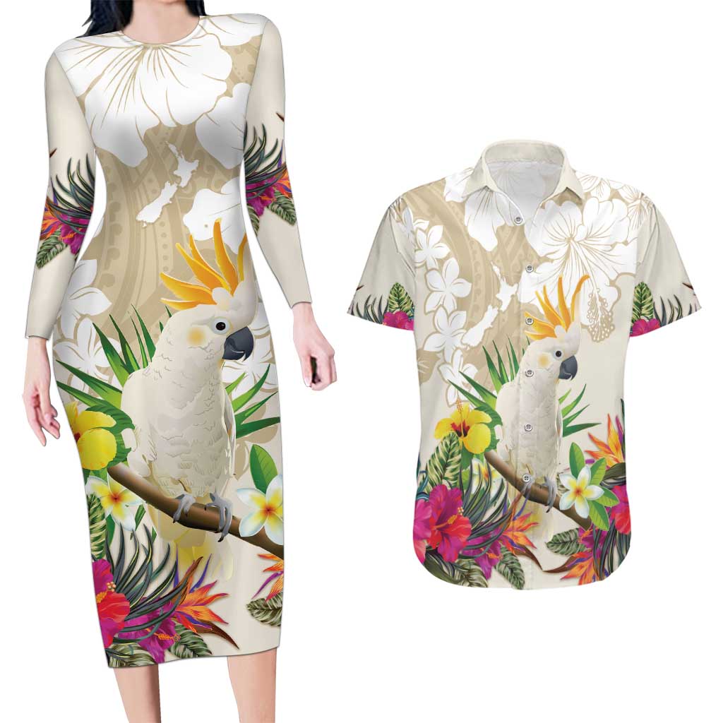 New Zealand Cacatua Galerita Couples Matching Long Sleeve Bodycon Dress and Hawaiian Shirt Aotearoa Cockatoo Tropical Flowers LT14 Beige - Polynesian Pride