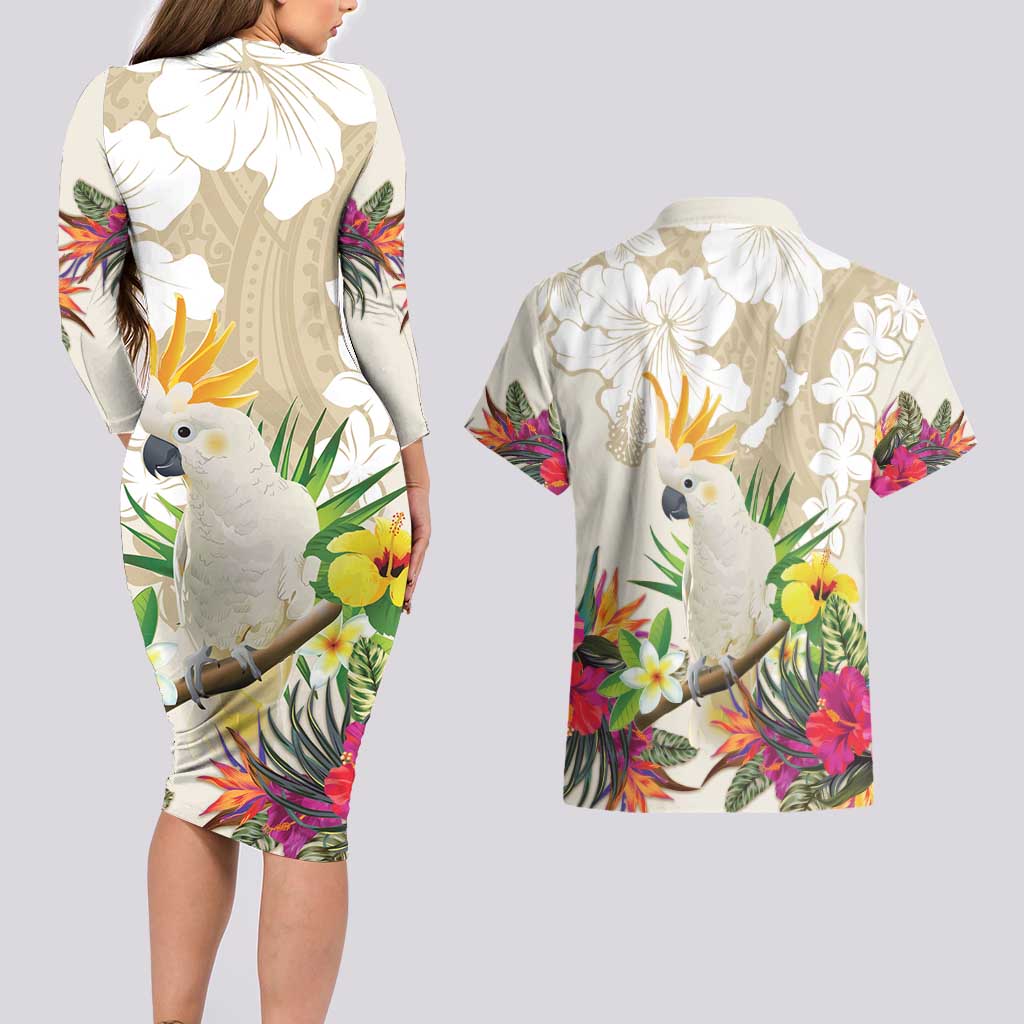 New Zealand Cacatua Galerita Couples Matching Long Sleeve Bodycon Dress and Hawaiian Shirt Aotearoa Cockatoo Tropical Flowers LT14 - Polynesian Pride