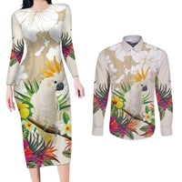 New Zealand Cacatua Galerita Couples Matching Long Sleeve Bodycon Dress and Long Sleeve Button Shirt Aotearoa Cockatoo Tropical Flowers LT14 Beige - Polynesian Pride