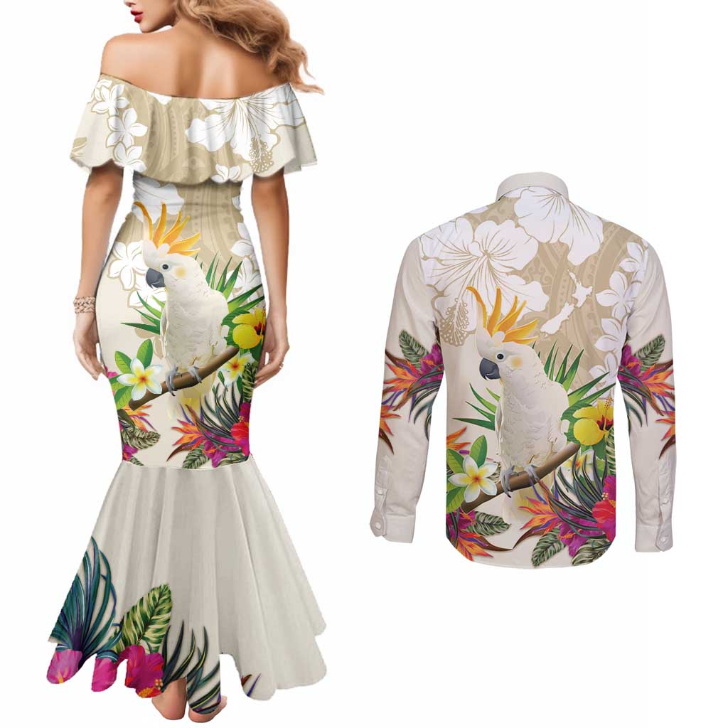 New Zealand Cacatua Galerita Couples Matching Mermaid Dress and Long Sleeve Button Shirt Aotearoa Cockatoo Tropical Flowers LT14 - Polynesian Pride