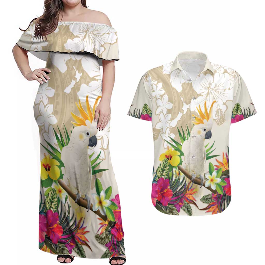 New Zealand Cacatua Galerita Couples Matching Off Shoulder Maxi Dress and Hawaiian Shirt Aotearoa Cockatoo Tropical Flowers LT14 Beige - Polynesian Pride