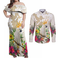 New Zealand Cacatua Galerita Couples Matching Off Shoulder Maxi Dress and Long Sleeve Button Shirt Aotearoa Cockatoo Tropical Flowers LT14 Beige - Polynesian Pride