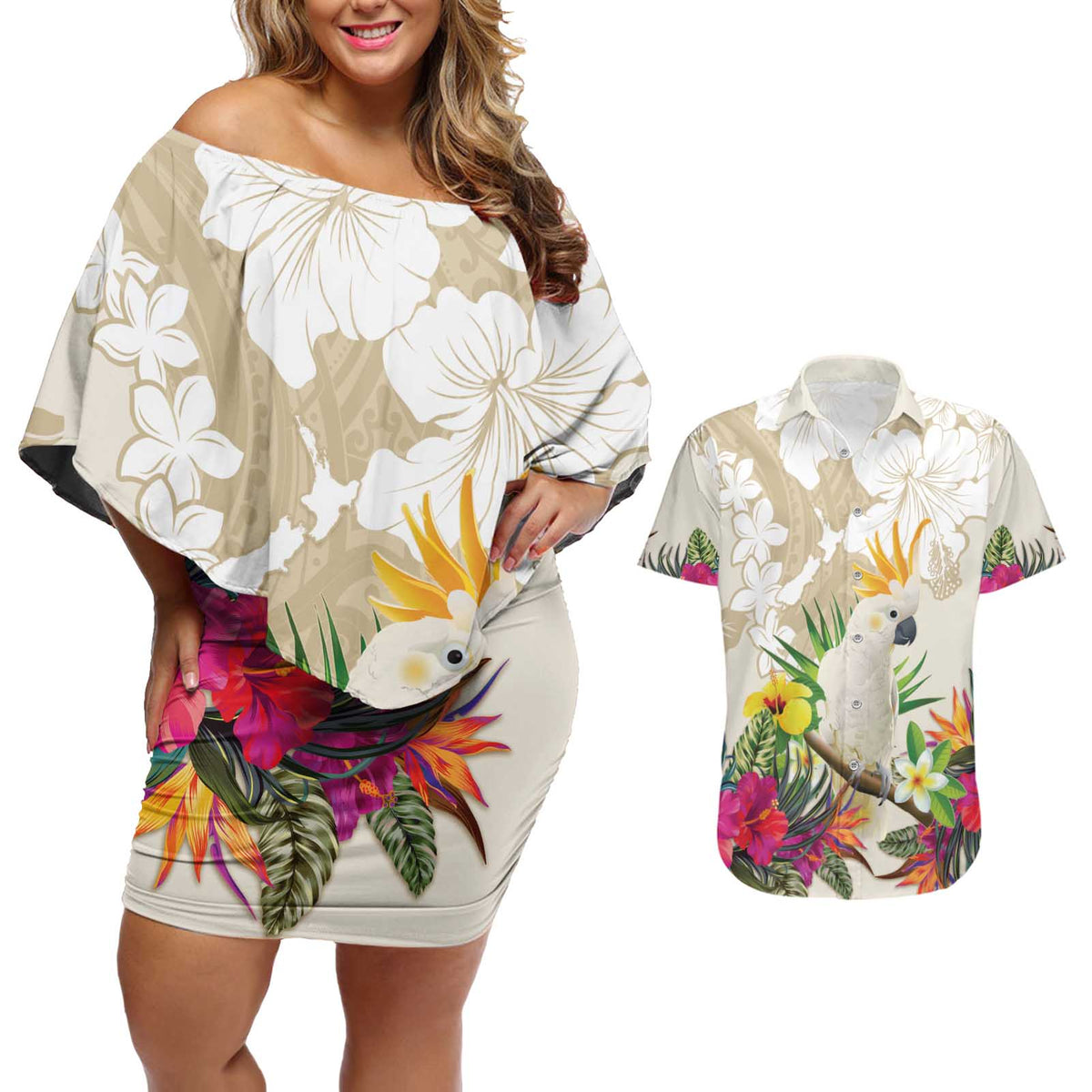 New Zealand Cacatua Galerita Couples Matching Off Shoulder Short Dress and Hawaiian Shirt Aotearoa Cockatoo Tropical Flowers LT14 Beige - Polynesian Pride
