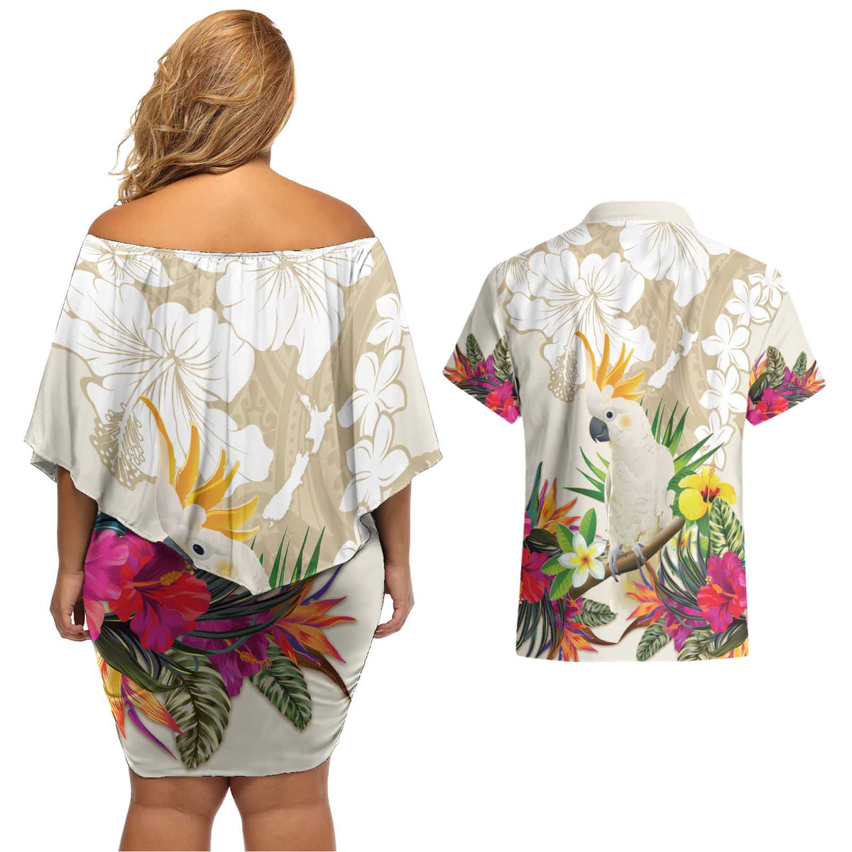 New Zealand Cacatua Galerita Couples Matching Off Shoulder Short Dress and Hawaiian Shirt Aotearoa Cockatoo Tropical Flowers LT14 - Polynesian Pride