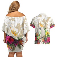 New Zealand Cacatua Galerita Couples Matching Off Shoulder Short Dress and Hawaiian Shirt Aotearoa Cockatoo Tropical Flowers LT14 - Polynesian Pride