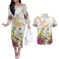 New Zealand Cacatua Galerita Couples Matching Off The Shoulder Long Sleeve Dress and Hawaiian Shirt Aotearoa Cockatoo Tropical Flowers LT14 Beige - Polynesian Pride
