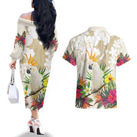 New Zealand Cacatua Galerita Couples Matching Off The Shoulder Long Sleeve Dress and Hawaiian Shirt Aotearoa Cockatoo Tropical Flowers LT14 - Polynesian Pride
