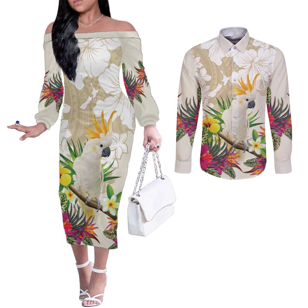 New Zealand Cacatua Galerita Couples Matching Off The Shoulder Long Sleeve Dress and Long Sleeve Button Shirt Aotearoa Cockatoo Tropical Flowers LT14 Beige - Polynesian Pride