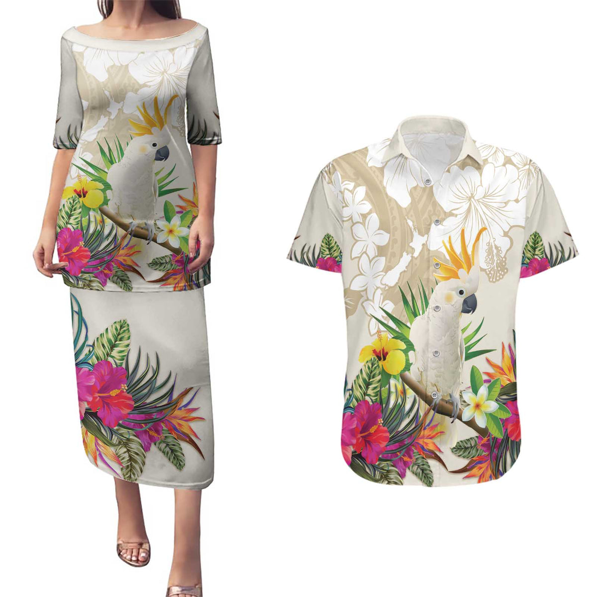 New Zealand Cacatua Galerita Couples Matching Puletasi and Hawaiian Shirt Aotearoa Cockatoo Tropical Flowers LT14 Beige - Polynesian Pride