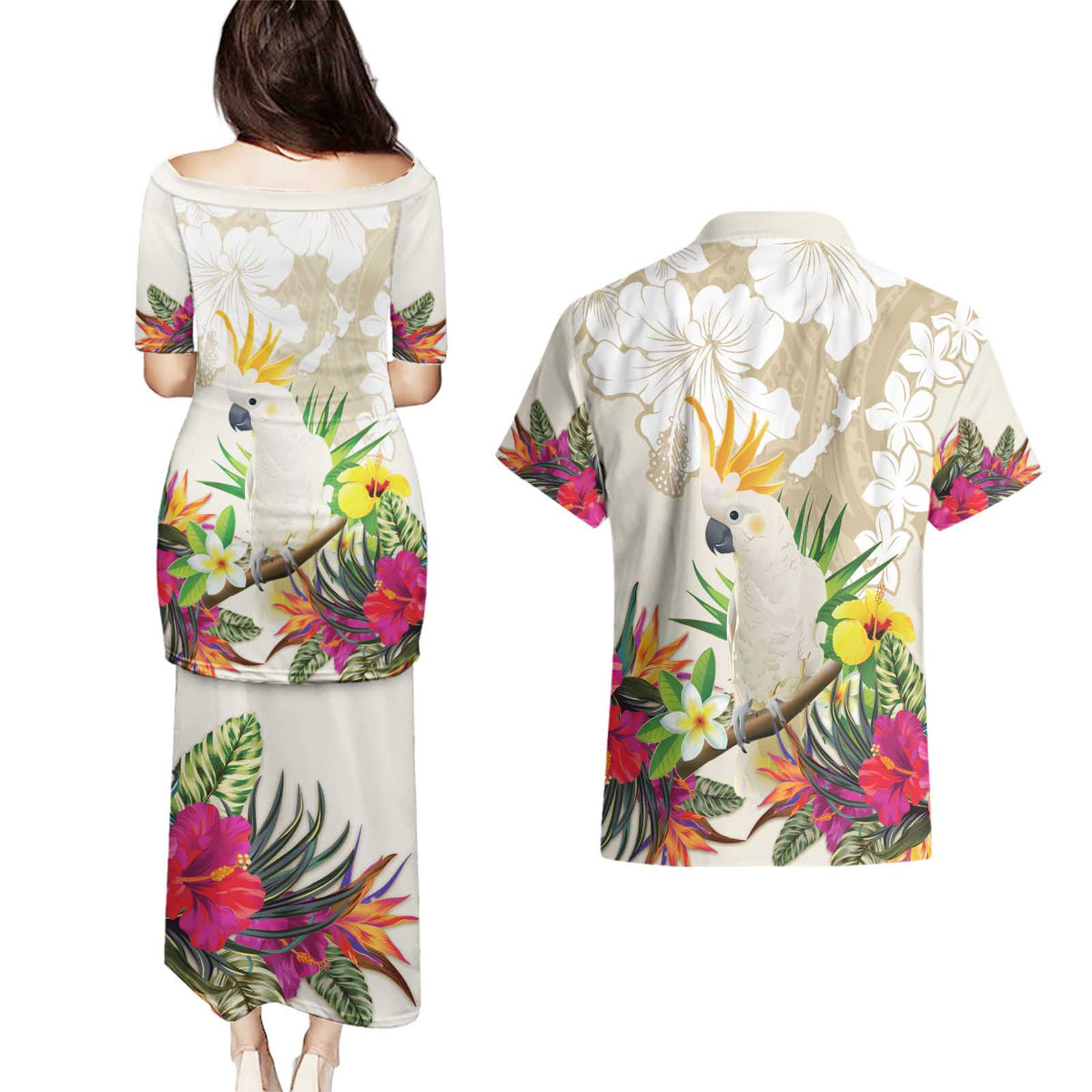New Zealand Cacatua Galerita Couples Matching Puletasi and Hawaiian Shirt Aotearoa Cockatoo Tropical Flowers LT14 - Polynesian Pride