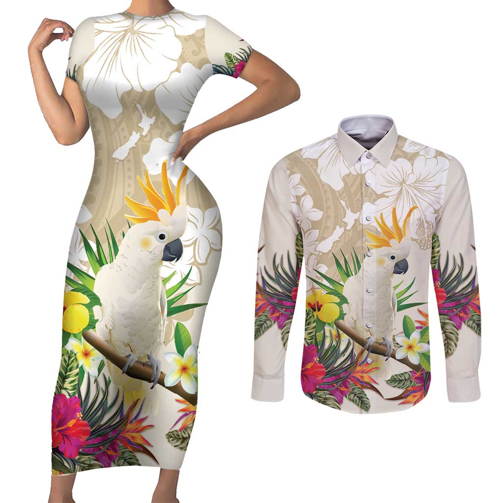 New Zealand Cacatua Galerita Couples Matching Short Sleeve Bodycon Dress and Long Sleeve Button Shirt Aotearoa Cockatoo Tropical Flowers LT14 Beige - Polynesian Pride
