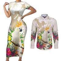New Zealand Cacatua Galerita Couples Matching Short Sleeve Bodycon Dress and Long Sleeve Button Shirt Aotearoa Cockatoo Tropical Flowers LT14 Beige - Polynesian Pride