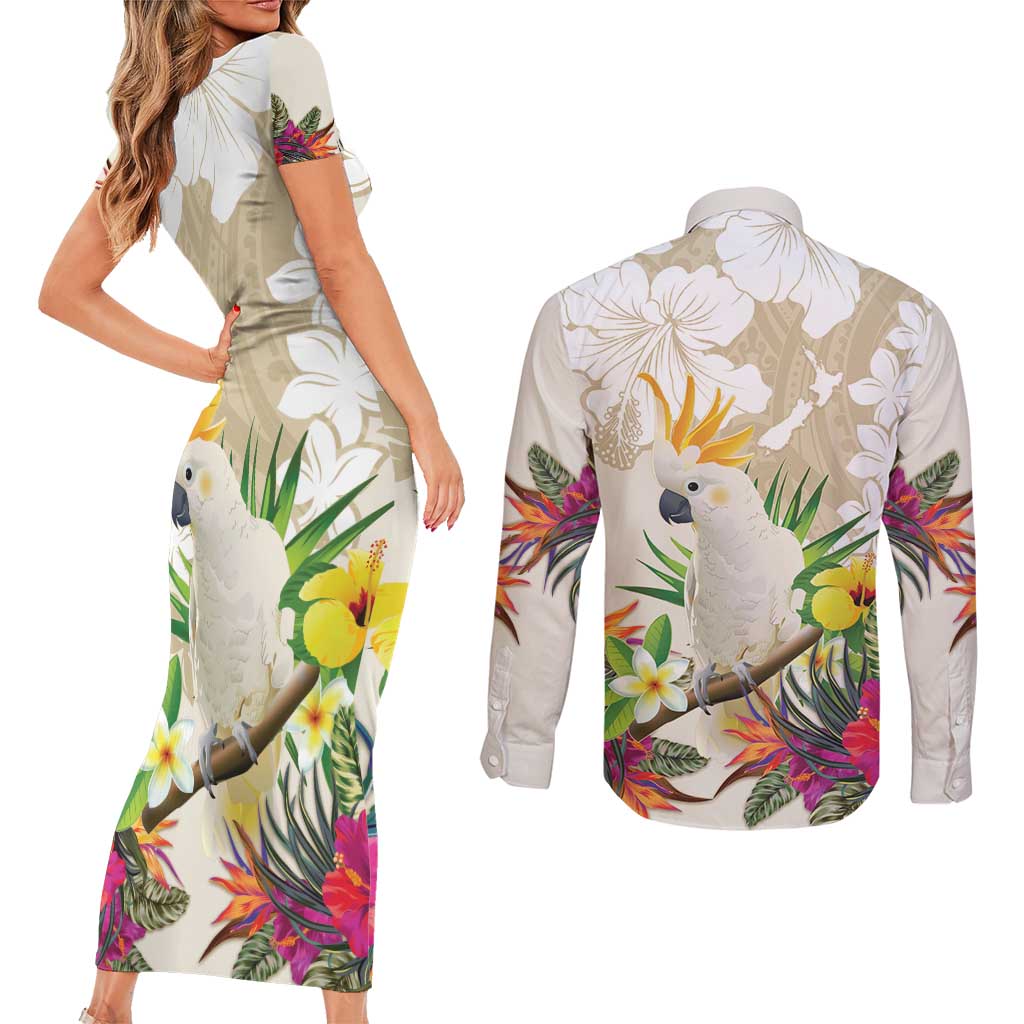 New Zealand Cacatua Galerita Couples Matching Short Sleeve Bodycon Dress and Long Sleeve Button Shirt Aotearoa Cockatoo Tropical Flowers LT14 - Polynesian Pride