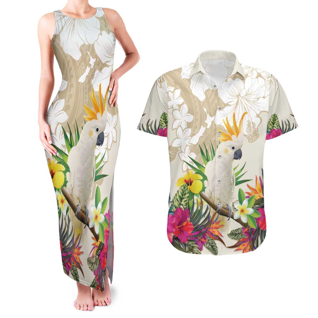 New Zealand Cacatua Galerita Couples Matching Tank Maxi Dress and Hawaiian Shirt Aotearoa Cockatoo Tropical Flowers LT14 Beige - Polynesian Pride