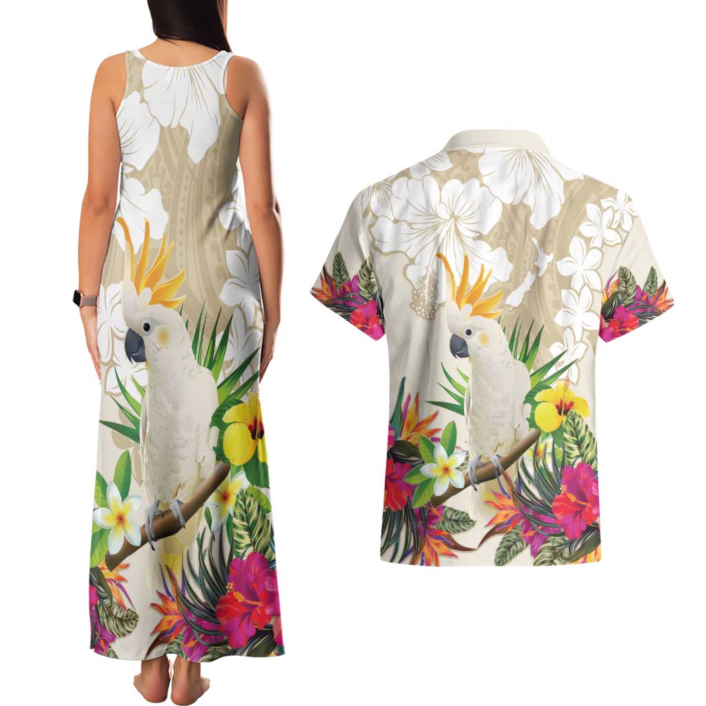 New Zealand Cacatua Galerita Couples Matching Tank Maxi Dress and Hawaiian Shirt Aotearoa Cockatoo Tropical Flowers LT14 - Polynesian Pride