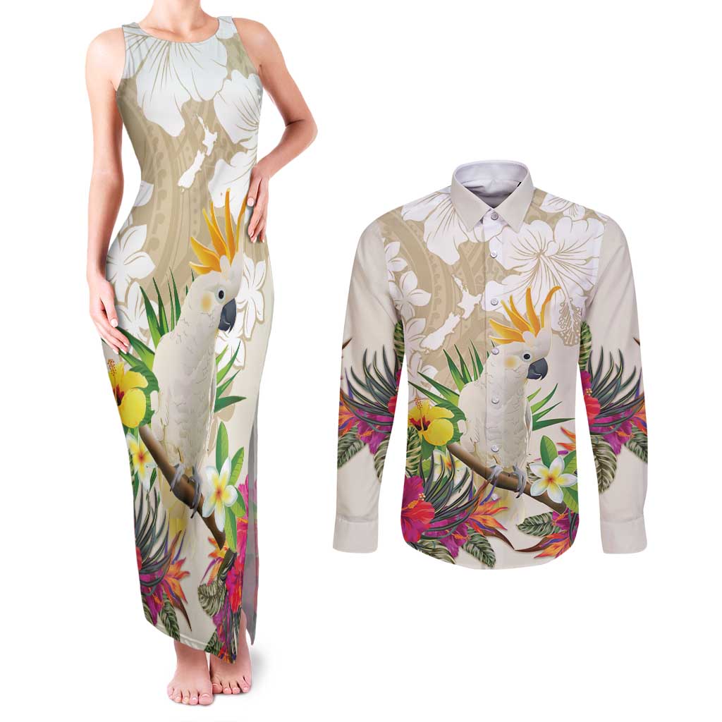 New Zealand Cacatua Galerita Couples Matching Tank Maxi Dress and Long Sleeve Button Shirt Aotearoa Cockatoo Tropical Flowers LT14 Beige - Polynesian Pride