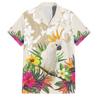 New Zealand Cacatua Galerita Family Matching Long Sleeve Bodycon Dress and Hawaiian Shirt Aotearoa Cockatoo Tropical Flowers LT14 Dad's Shirt - Short Sleeve Beige - Polynesian Pride