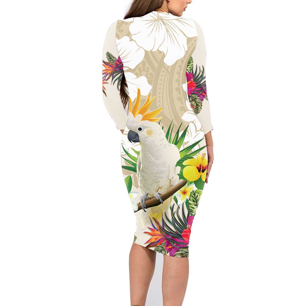 New Zealand Cacatua Galerita Family Matching Long Sleeve Bodycon Dress and Hawaiian Shirt Aotearoa Cockatoo Tropical Flowers LT14 - Polynesian Pride