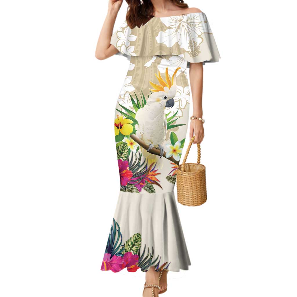 New Zealand Cacatua Galerita Family Matching Mermaid Dress and Hawaiian Shirt Aotearoa Cockatoo Tropical Flowers LT14 Mom's Dress Beige - Polynesian Pride