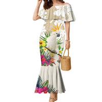 New Zealand Cacatua Galerita Family Matching Mermaid Dress and Hawaiian Shirt Aotearoa Cockatoo Tropical Flowers LT14 Mom's Dress Beige - Polynesian Pride