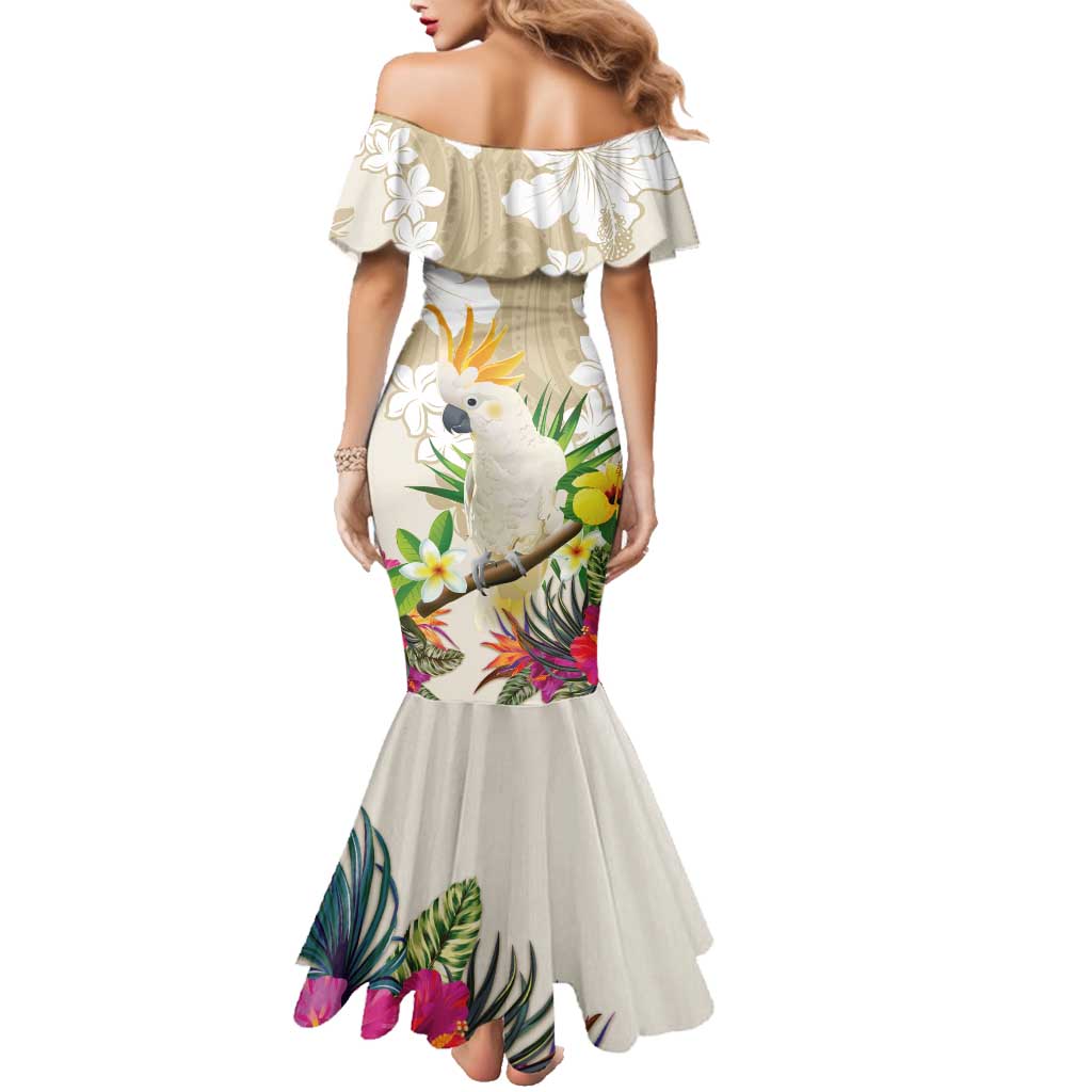 New Zealand Cacatua Galerita Family Matching Mermaid Dress and Hawaiian Shirt Aotearoa Cockatoo Tropical Flowers LT14 - Polynesian Pride