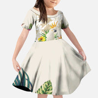 New Zealand Cacatua Galerita Family Matching Off The Shoulder Long Sleeve Dress and Hawaiian Shirt Aotearoa Cockatoo Tropical Flowers LT14 Daughter's Dress Beige - Polynesian Pride