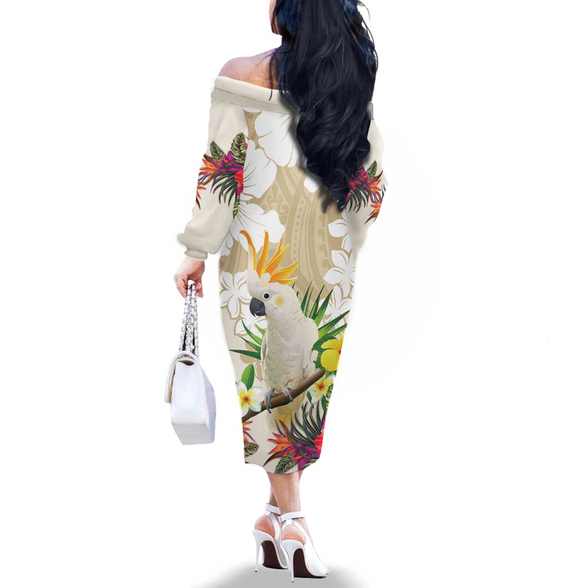 New Zealand Cacatua Galerita Family Matching Off The Shoulder Long Sleeve Dress and Hawaiian Shirt Aotearoa Cockatoo Tropical Flowers LT14 - Polynesian Pride