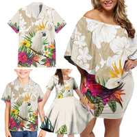 New Zealand Cacatua Galerita Family Matching Off Shoulder Short Dress and Hawaiian Shirt Aotearoa Cockatoo Tropical Flowers LT14 - Polynesian Pride