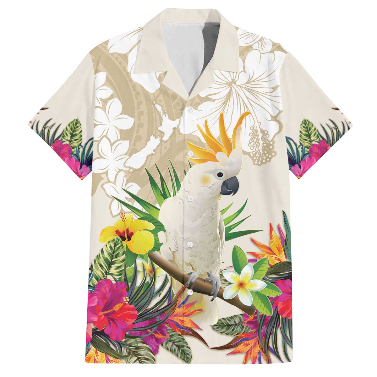 New Zealand Cacatua Galerita Family Matching Off Shoulder Short Dress and Hawaiian Shirt Aotearoa Cockatoo Tropical Flowers LT14 Dad's Shirt - Short Sleeve Beige - Polynesian Pride