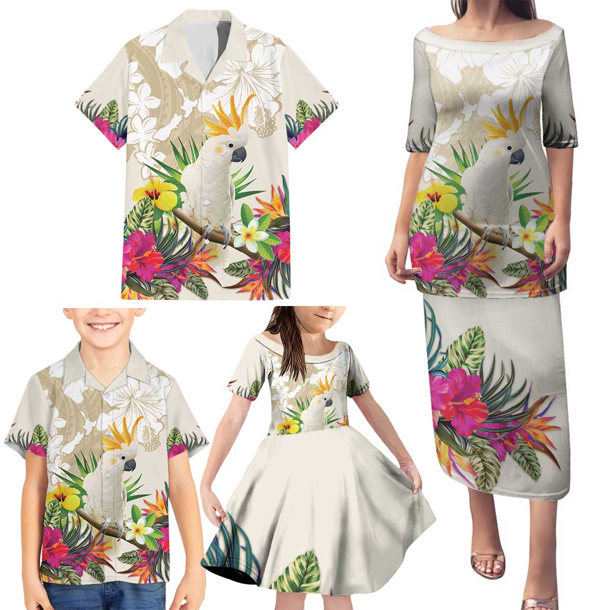 New Zealand Cacatua Galerita Family Matching Puletasi and Hawaiian Shirt Aotearoa Cockatoo Tropical Flowers LT14 - Polynesian Pride