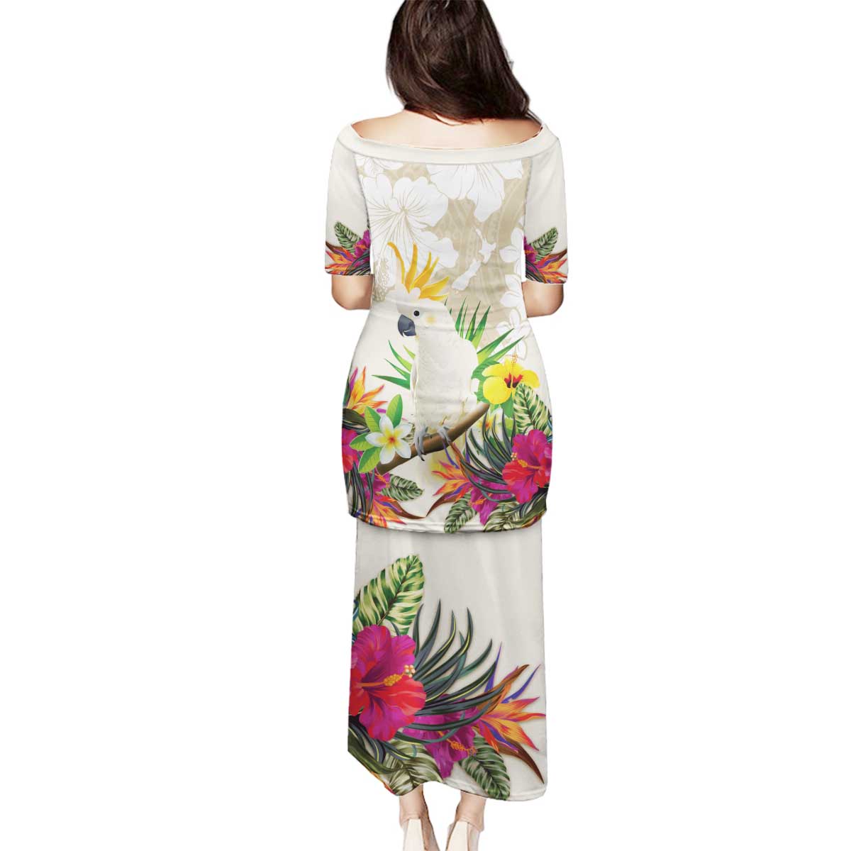 New Zealand Cacatua Galerita Family Matching Puletasi and Hawaiian Shirt Aotearoa Cockatoo Tropical Flowers LT14 - Polynesian Pride