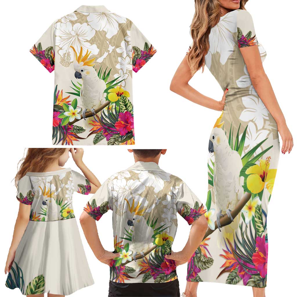 New Zealand Cacatua Galerita Family Matching Short Sleeve Bodycon Dress and Hawaiian Shirt Aotearoa Cockatoo Tropical Flowers LT14 - Polynesian Pride