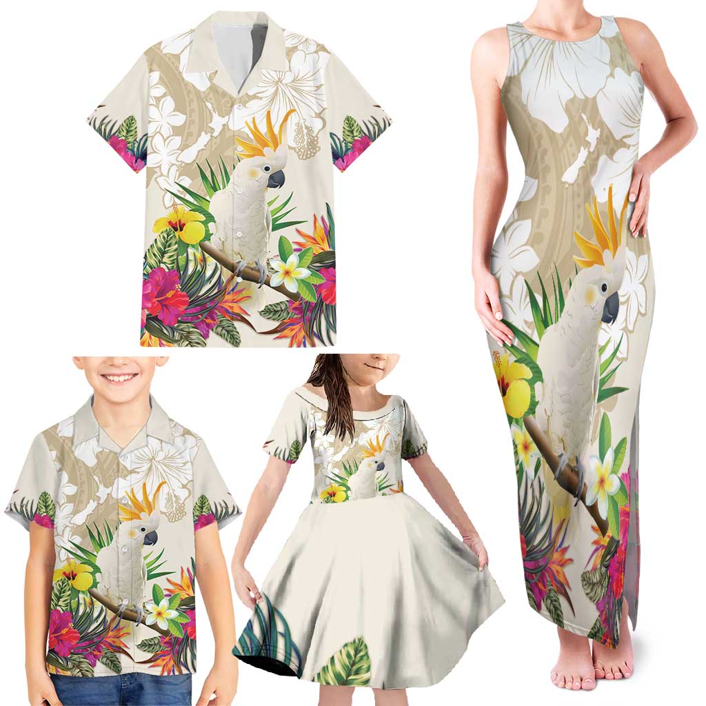 New Zealand Cacatua Galerita Family Matching Tank Maxi Dress and Hawaiian Shirt Aotearoa Cockatoo Tropical Flowers LT14 - Polynesian Pride