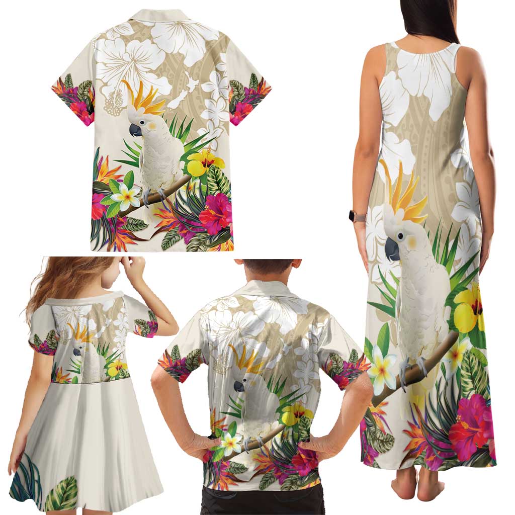New Zealand Cacatua Galerita Family Matching Tank Maxi Dress and Hawaiian Shirt Aotearoa Cockatoo Tropical Flowers LT14 - Polynesian Pride