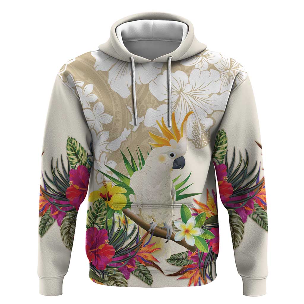New Zealand Cacatua Galerita Hoodie Aotearoa Cockatoo Tropical Flowers LT14 Pullover Hoodie Beige - Polynesian Pride
