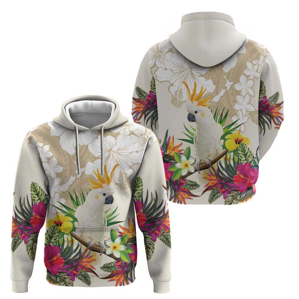 New Zealand Cacatua Galerita Hoodie Aotearoa Cockatoo Tropical Flowers LT14 - Polynesian Pride