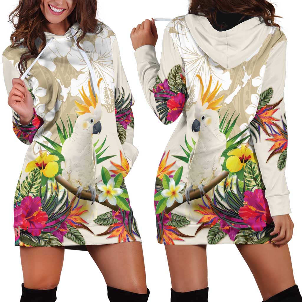 New Zealand Cacatua Galerita Hoodie Dress Aotearoa Cockatoo Tropical Flowers LT14 - Polynesian Pride