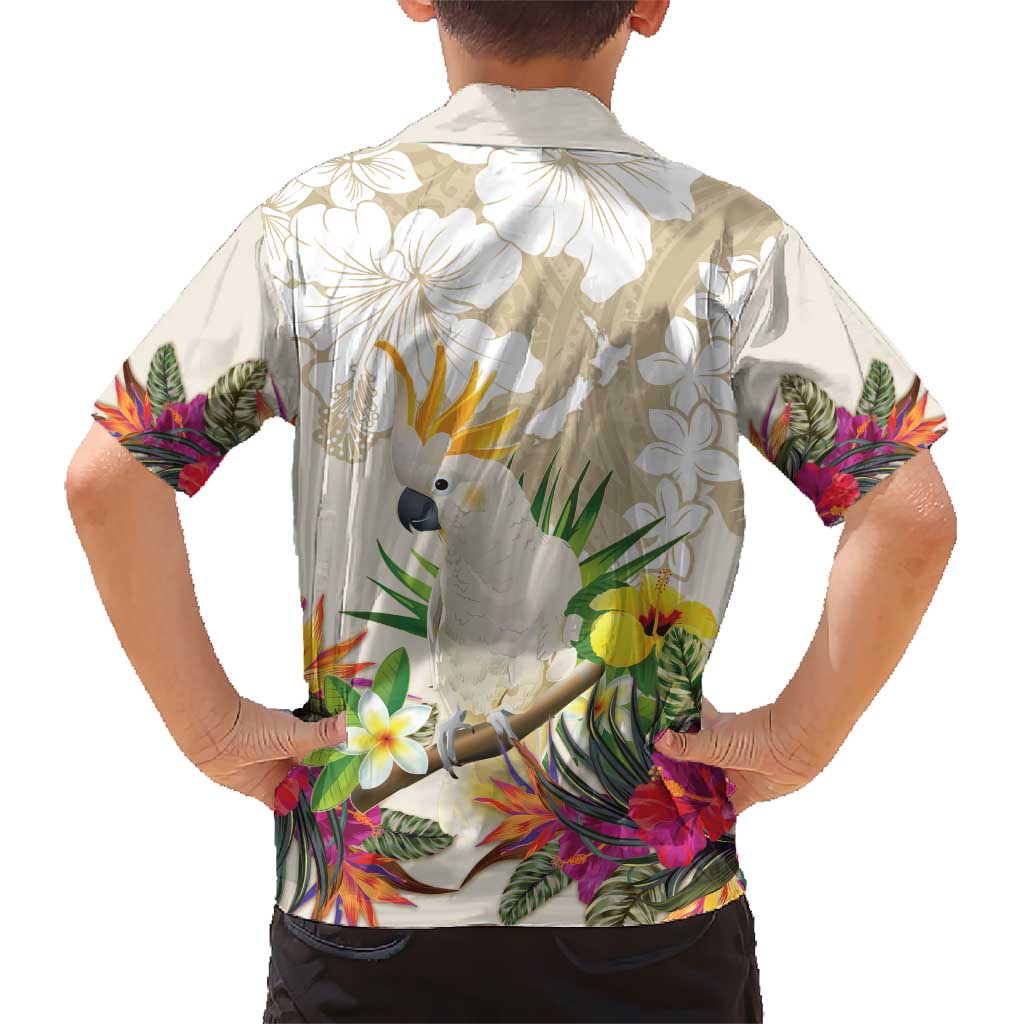 New Zealand Cacatua Galerita Kid Hawaiian Shirt Aotearoa Cockatoo Tropical Flowers LT14 - Polynesian Pride