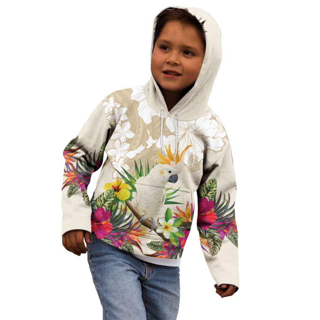New Zealand Cacatua Galerita Kid Hoodie Aotearoa Cockatoo Tropical Flowers LT14 - Polynesian Pride