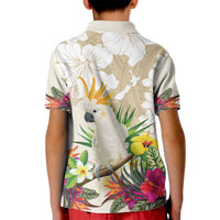 New Zealand Cacatua Galerita Kid Polo Shirt Aotearoa Cockatoo Tropical Flowers LT14 - Polynesian Pride