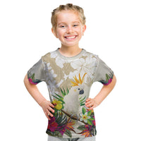 New Zealand Cacatua Galerita Kid T Shirt Aotearoa Cockatoo Tropical Flowers LT14 Beige - Polynesian Pride
