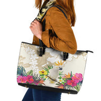 New Zealand Cacatua Galerita Leather Tote Bag Aotearoa Cockatoo Tropical Flowers LT14 Beige - Polynesian Pride