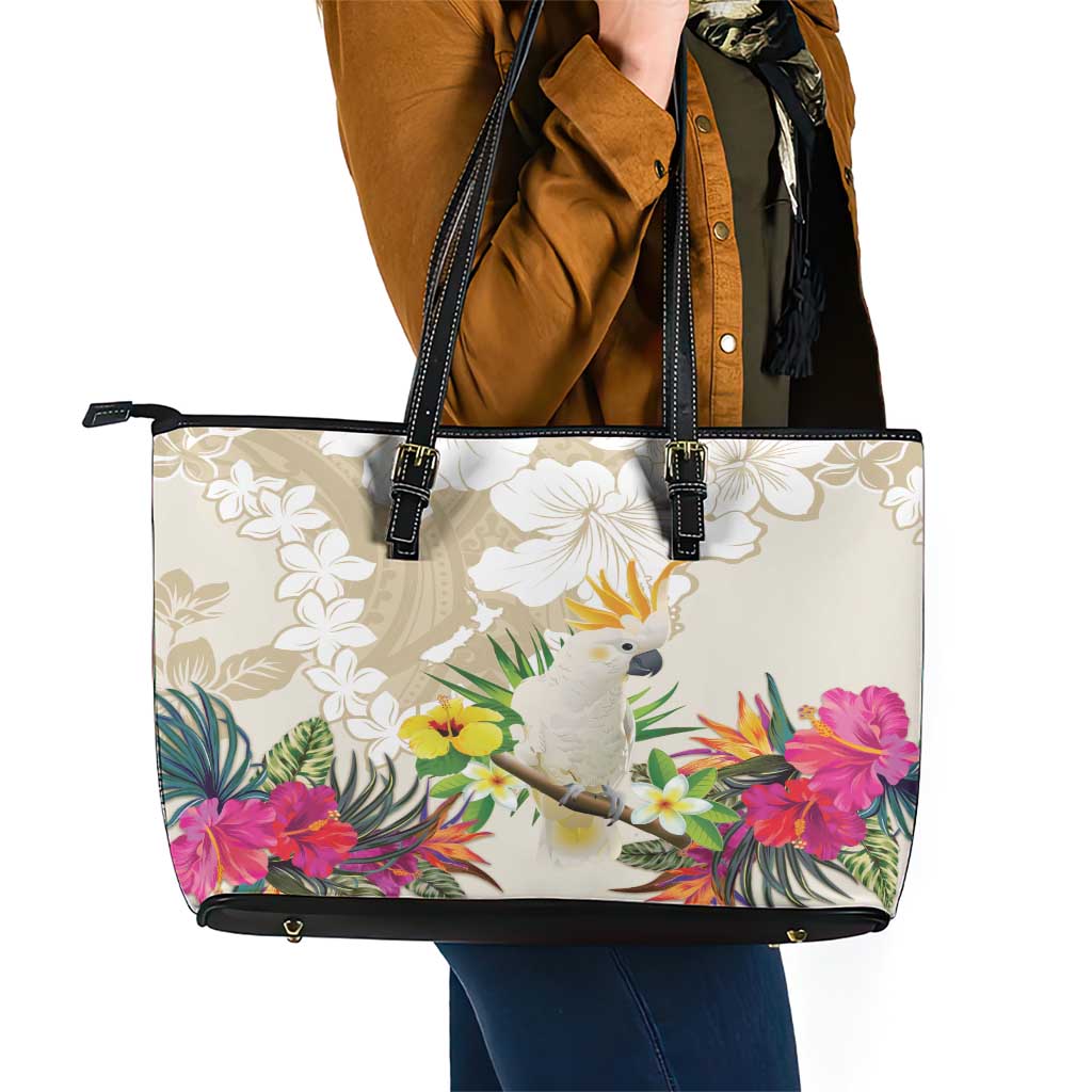 New Zealand Cacatua Galerita Leather Tote Bag Aotearoa Cockatoo Tropical Flowers LT14 - Polynesian Pride