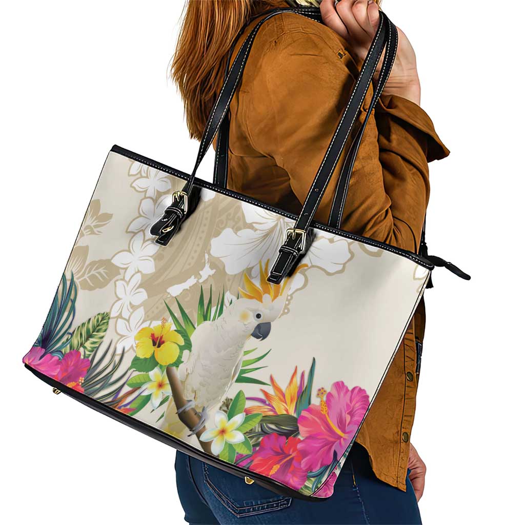 New Zealand Cacatua Galerita Leather Tote Bag Aotearoa Cockatoo Tropical Flowers LT14 - Polynesian Pride