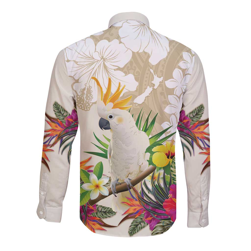 New Zealand Cacatua Galerita Long Sleeve Button Shirt Aotearoa Cockatoo Tropical Flowers LT14 - Polynesian Pride