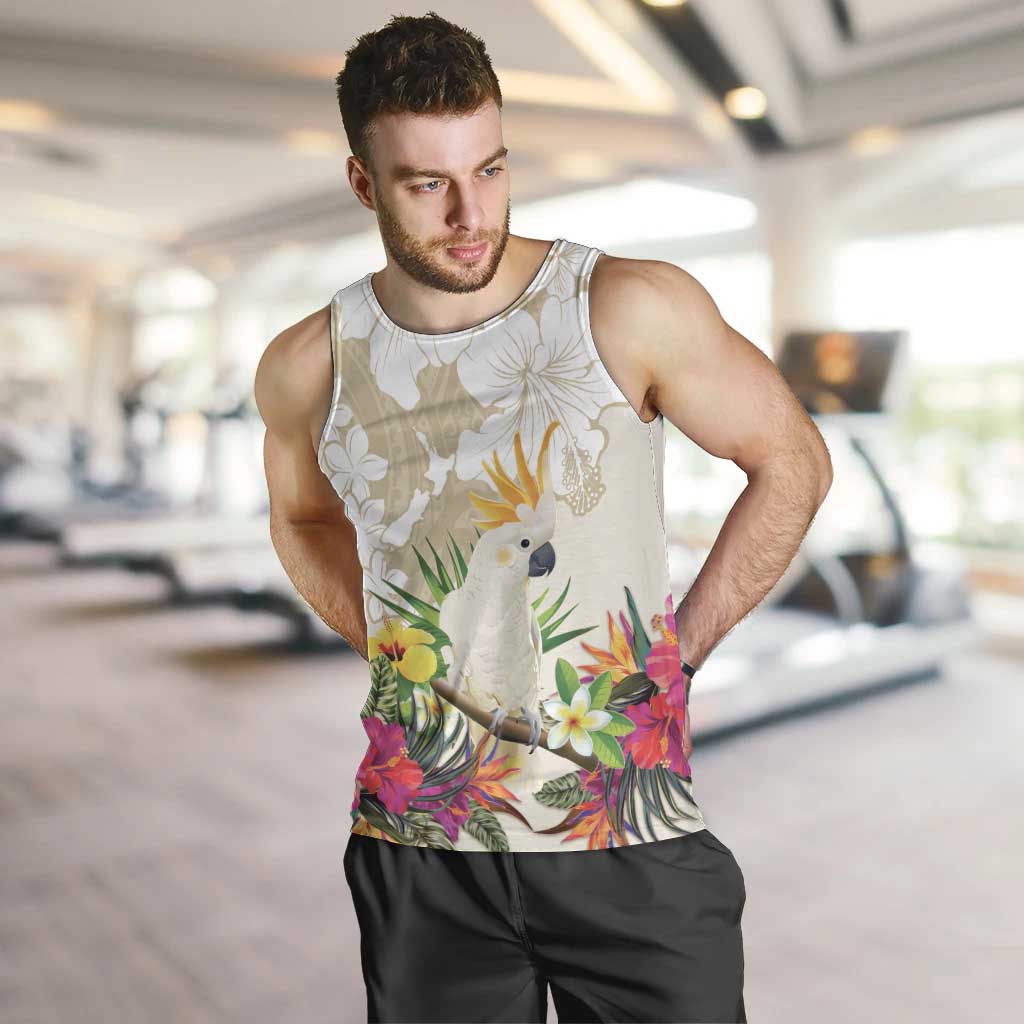 New Zealand Cacatua Galerita Men Tank Top Aotearoa Cockatoo Tropical Flowers LT14 Beige - Polynesian Pride