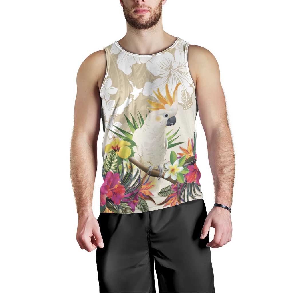 New Zealand Cacatua Galerita Men Tank Top Aotearoa Cockatoo Tropical Flowers LT14 - Polynesian Pride